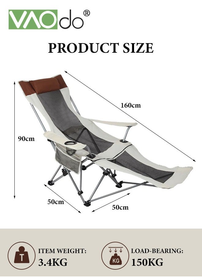 Reclining Camping Chair 2 Position with Foot Rest and Headrest Comfortable for Adults Load-Bearing 150Kg Folding Lounger Mesh Breathable and Cool Beach Chair with Cooler Bag and Cup Holder for Outdoor Camp, Picnic, Travel, Fishing