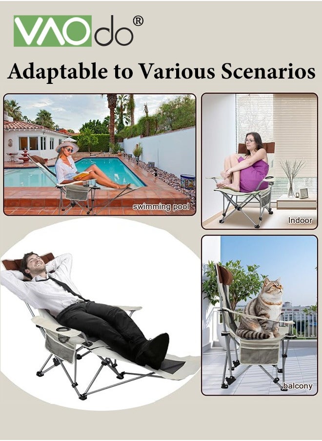Reclining Camping Chair 2 Position with Foot Rest and Headrest Comfortable for Adults Load-Bearing 150Kg Folding Lounger Mesh Breathable and Cool Beach Chair with Cooler Bag and Cup Holder for Outdoor Camp, Picnic, Travel, Fishing