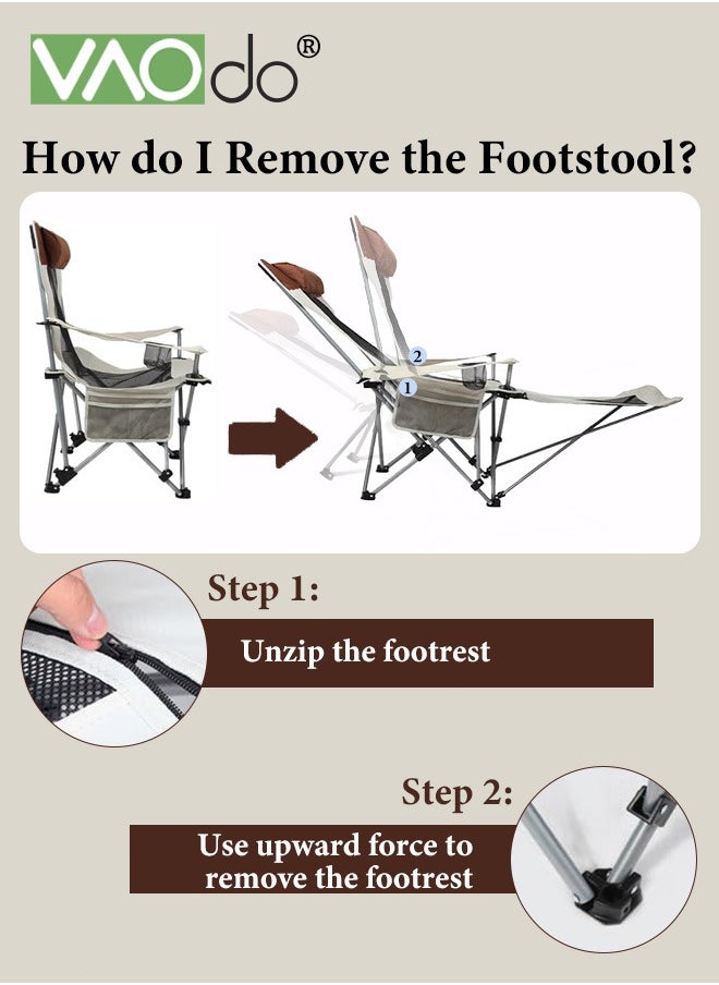 Reclining Camping Chair 2 Position with Foot Rest and Headrest Comfortable for Adults Load-Bearing 150Kg Folding Lounger Mesh Breathable and Cool Beach Chair with Cooler Bag and Cup Holder for Outdoor Camp, Picnic, Travel, Fishing