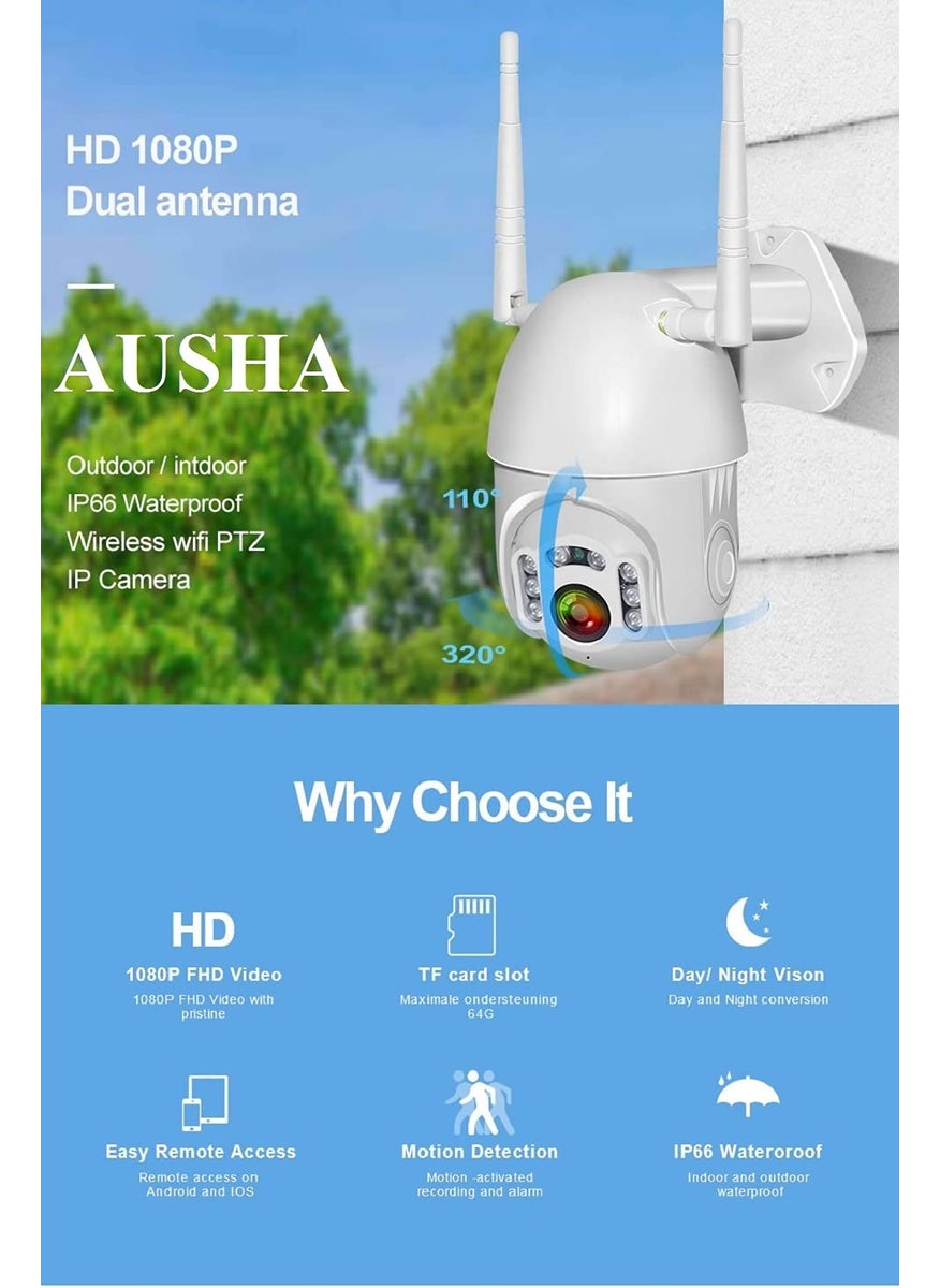 AUSHA® Security Camera Outdoor, Wireless WiFi IP Camera Home Security System 360° View,Motion Detection, auto Tracking,Two Way Talk,HD 1080P pan Tile Full Color Night Vision