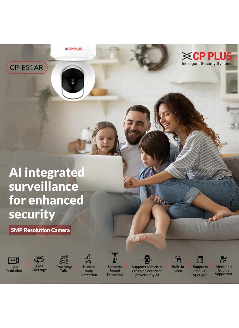 (Refurbished) CP PLUS 5 MP Resolution Smart Wi-fi Ai CCTV Camera | 2 Way Talk | Human Body Detection & Motion Tracking Alert | Supports Vehicle & Crossline Detection Powered by Ai | Advanced Night Vision | CP-E51AR