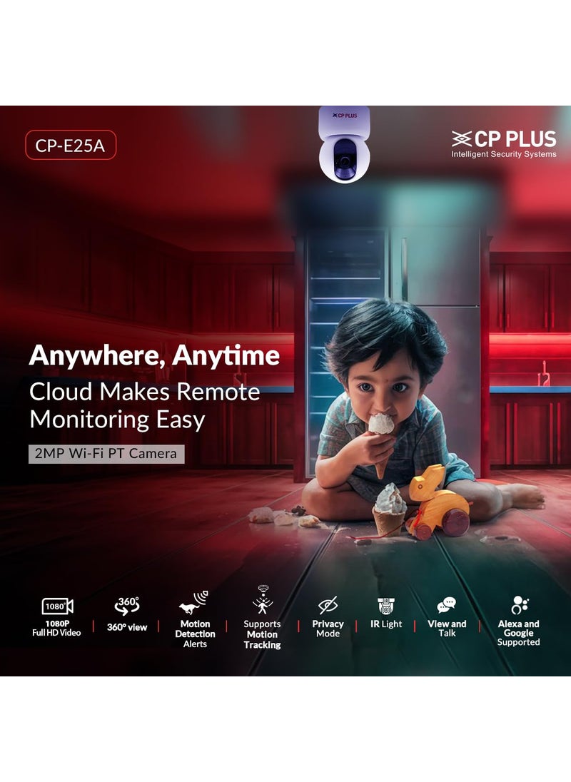 CP PLUS 2MP Full HD Smart Wi-Fi CCTV Home Security Camera | 360° with Pan Tilt | View & Talk | Motion Alert | Night Vision | SD Card (Upto 128 GB), Alexa & Google Support | IR Distance 10mtr | CP-E25A