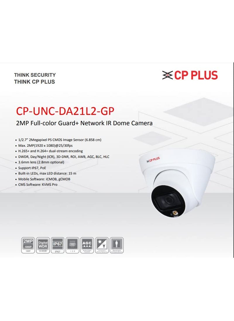 Cp Plus 2 Mp Ip (Network) Guard+ (Colour Vision In Night) Indoor Dome Camera + 30 Mtr - Cp-Unc-Da21L2-Gp - Wireless, 1080P