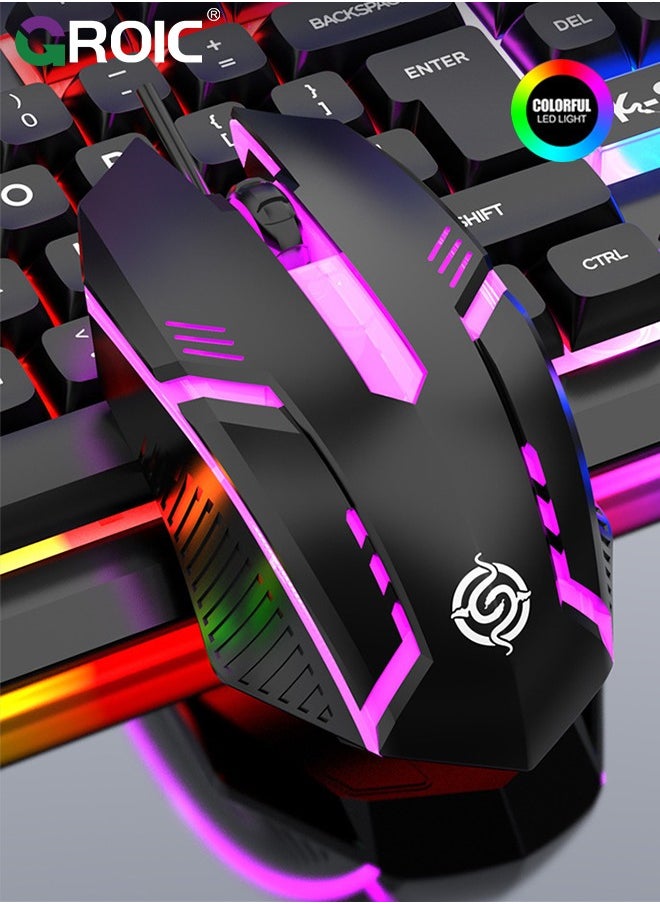 Wired Keyboard and Mouse with Colored Backlit, Wrist Rest, Gaming Mouse, Rechargeable Ergonomic Light Up Keyboard Mouse Combo with Phone Holder for Windows, Mac, PC, Laptop