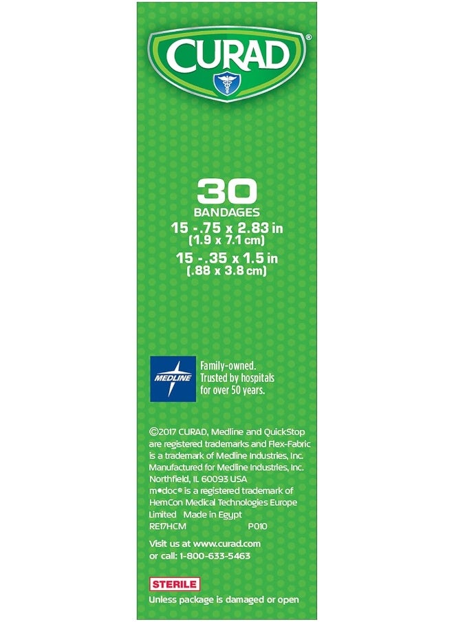 Curad Quickstop Instant Clotting Technology Flex-Fabric Bandages, Assorted Size, 30 Count