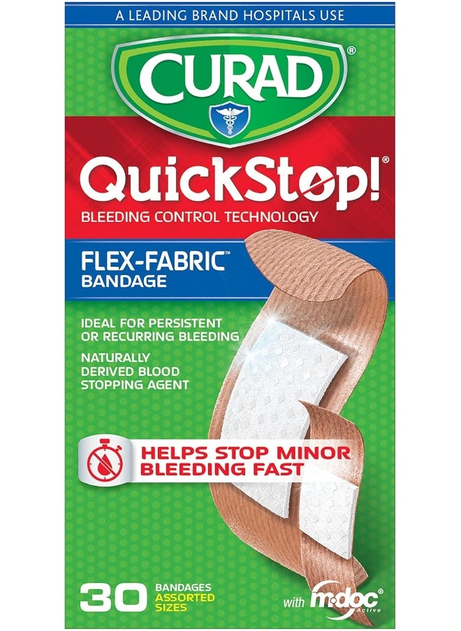 Curad Quickstop Instant Clotting Technology Flex-Fabric Bandages, Assorted Size, 30 Count