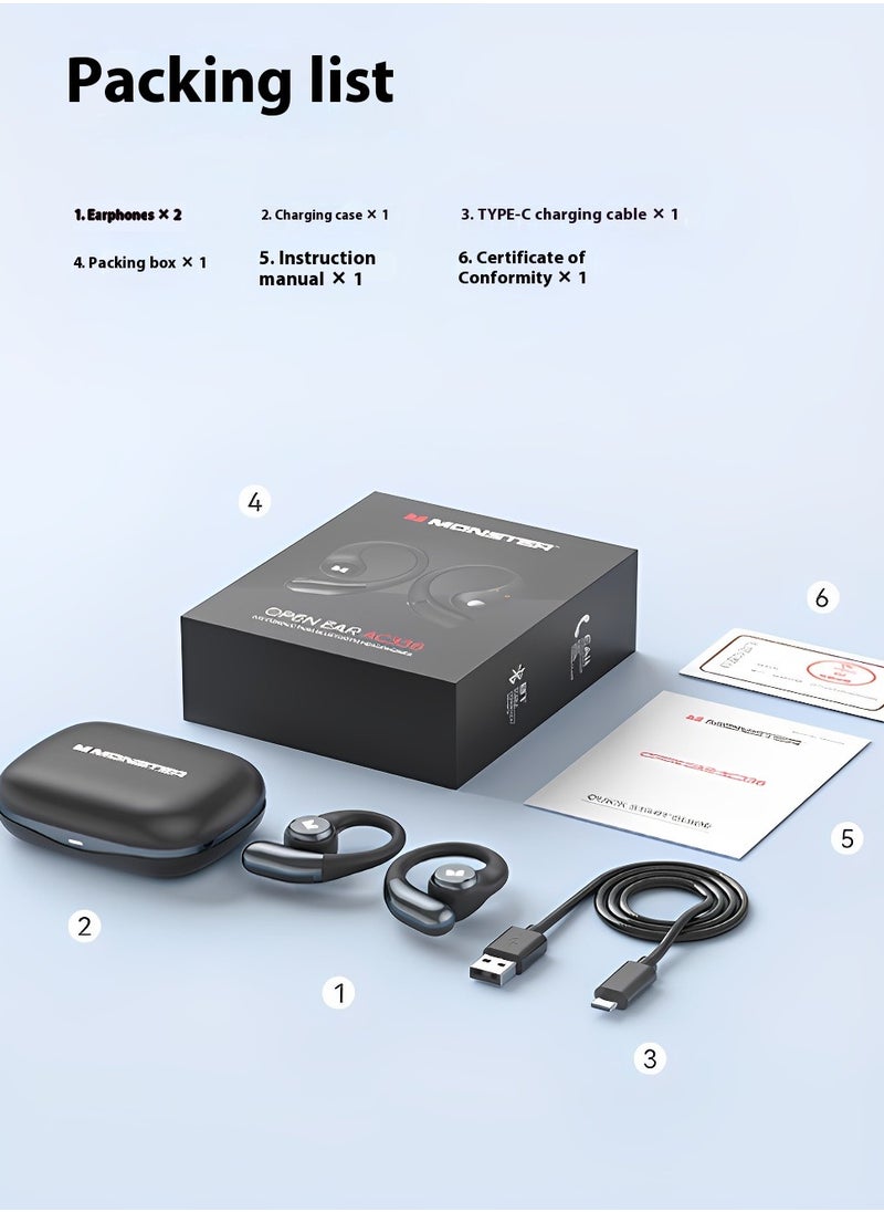Monster Open Ear AC336 Headphones, Bluetooth 5.3 Wireless Headphones, Stereo Sound, Extra Long Play Time, Clear Calls, Stylish Swivel Case with Lanyard, Sweat-Proof Open Earphones Wireless Earbuds