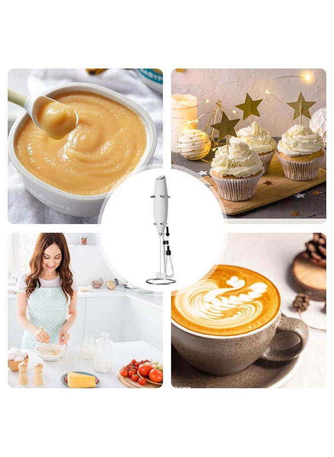 Handheld Milk Frother for Coffee with Stand, Battery Powered, Drink Mixer with 2 Stainless Steel Whisk Heads for Milk, Coffee, Egg, Hot Chocolate