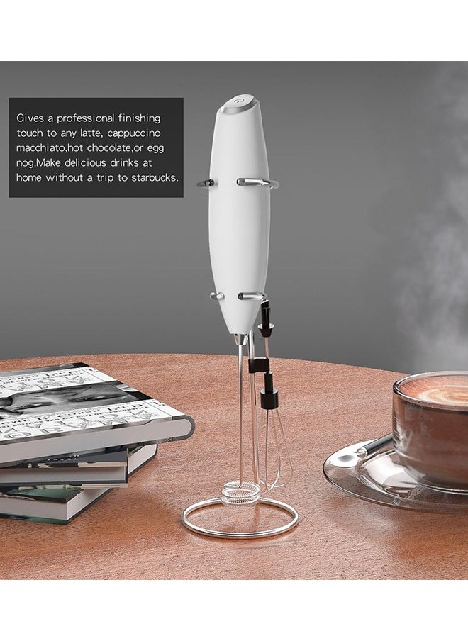 Handheld Milk Frother for Coffee with Stand, Battery Powered, Drink Mixer with 2 Stainless Steel Whisk Heads for Milk, Coffee, Egg, Hot Chocolate