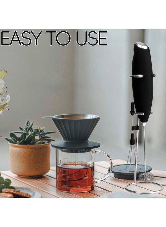 Handheld Milk Frother for Coffee with Stand, Battery Powered, Drink Mixer with 2 Stainless Steel Whisk Heads for Milk, Coffee, Egg, Hot Chocolate, Black