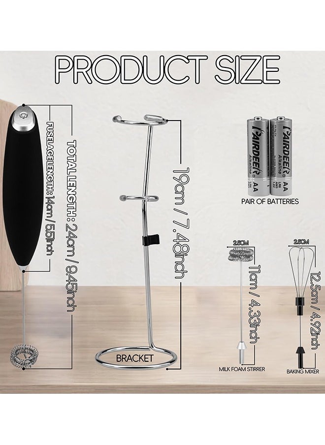 Handheld Milk Frother for Coffee with Stand, Battery Powered, Drink Mixer with 2 Stainless Steel Whisk Heads for Milk, Coffee, Egg, Hot Chocolate, Black