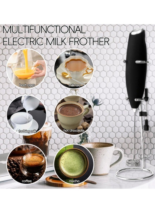 Handheld Milk Frother for Coffee with Stand, Battery Powered, Drink Mixer with 2 Stainless Steel Whisk Heads for Milk, Coffee, Egg, Hot Chocolate, Black