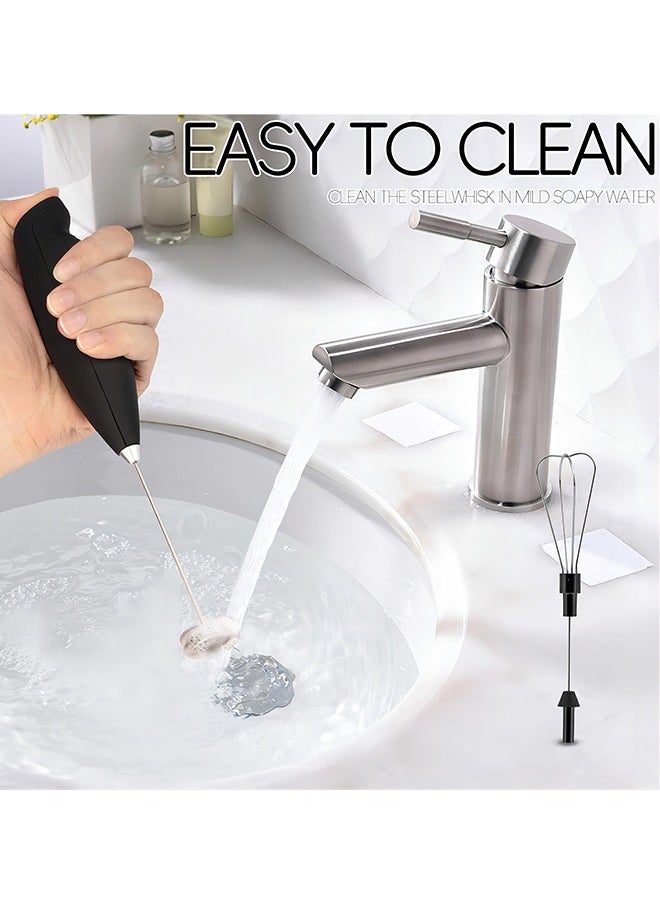 Handheld Milk Frother for Coffee with Stand, Battery Powered, Drink Mixer with 2 Stainless Steel Whisk Heads for Milk, Coffee, Egg, Hot Chocolate, Black