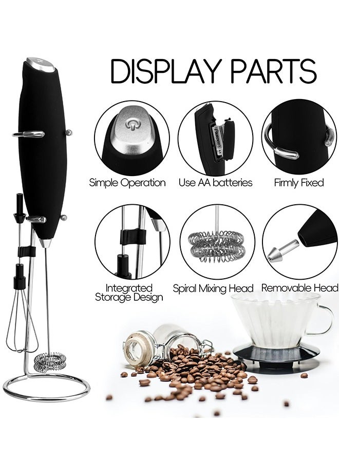 Handheld Milk Frother for Coffee with Stand, Battery Powered, Drink Mixer with 2 Stainless Steel Whisk Heads for Milk, Coffee, Egg, Hot Chocolate, Black