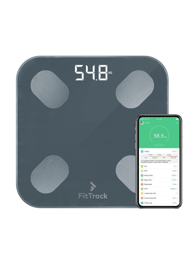 FitTrack Dara Smart BMI Digital Scale - Measure Weight and Body Fat - Most Accurate Bluetooth Glass Bathroom Scale