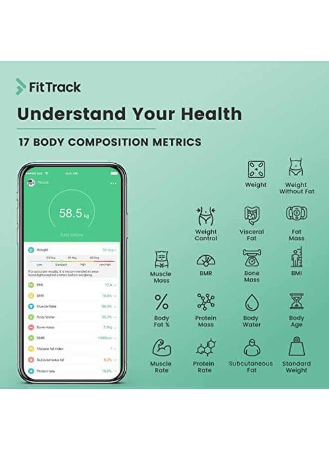 FitTrack Dara Smart BMI Digital Scale - Measure Weight and Body Fat - Most Accurate Bluetooth Glass Bathroom Scale