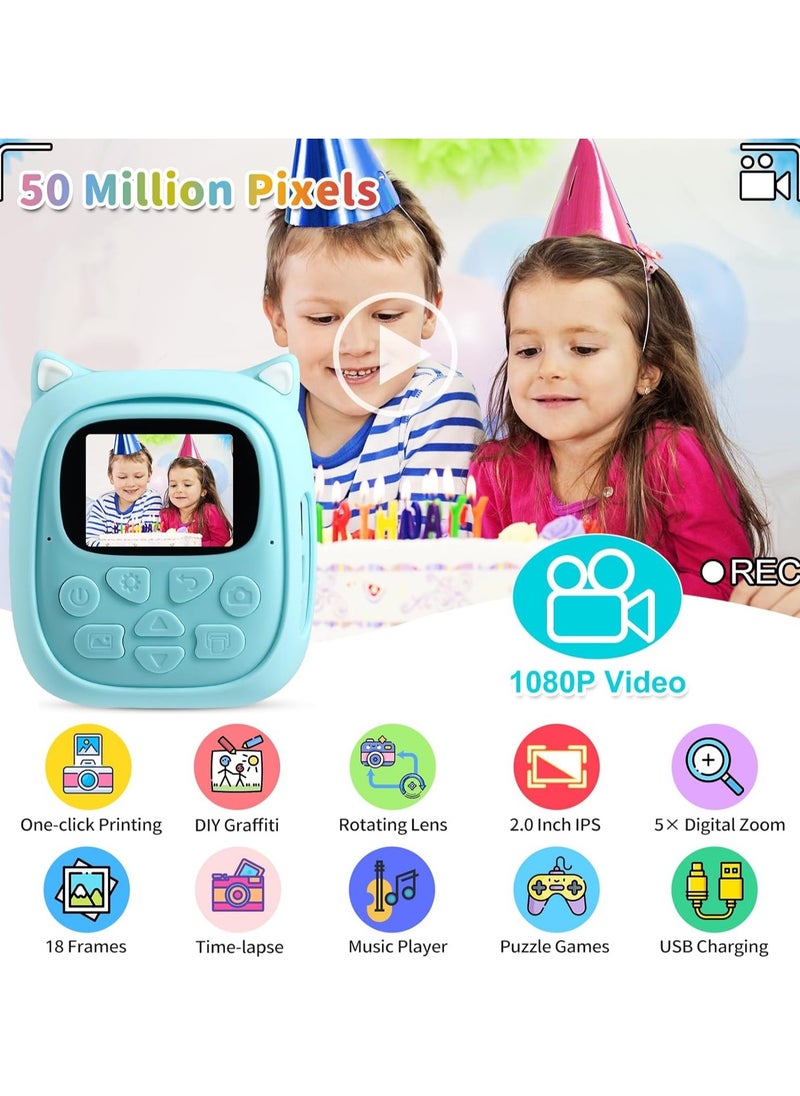 50MP Kids Instant Camera with 3 Rolls Print Paper for Boys and Girls 1080P Digital Camera for Children 2.0 IPS Selfie Toy Camera Toddler Rechargeable Video Recorder with 32GB TF Card