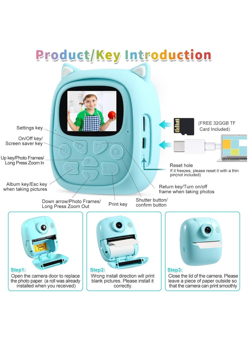 50MP Kids Instant Camera with 3 Rolls Print Paper for Boys and Girls 1080P Digital Camera for Children 2.0 IPS Selfie Toy Camera Toddler Rechargeable Video Recorder with 32GB TF Card