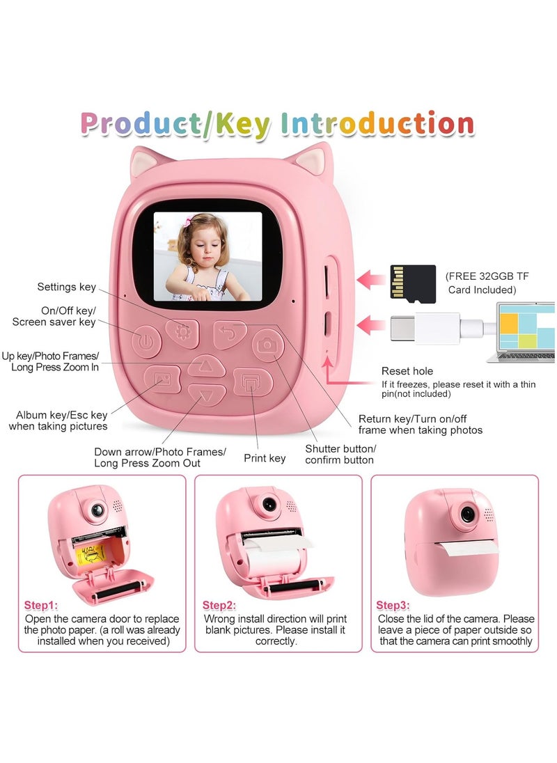 50MP Kids Instant Camera with 3 Rolls Print Paper for Boys and Girls 1080P Digital Camera for Children 2.0 IPS Selfie Toy Camera Toddler Rechargeable Video Recorder with 32GB TF Card