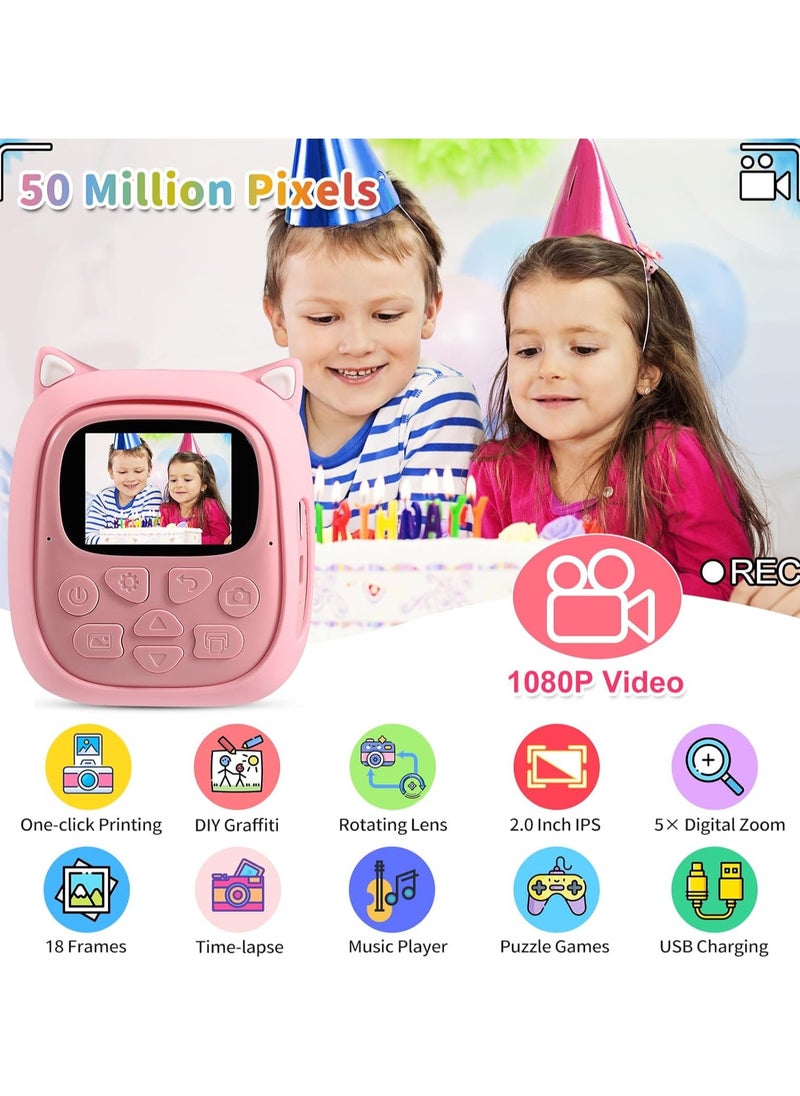 50MP Kids Instant Camera with 3 Rolls Print Paper for Boys and Girls 1080P Digital Camera for Children 2.0 IPS Selfie Toy Camera Toddler Rechargeable Video Recorder with 32GB TF Card