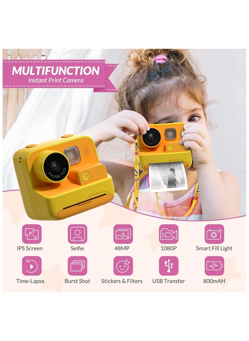 Kids Camera Instant Print, 48MP Digital Camera with Zero Ink Selfie 1080P Video Camera with 32G TF Card Toys Gifts for Girls Boys Aged 3-12 for Birthday/Holiday