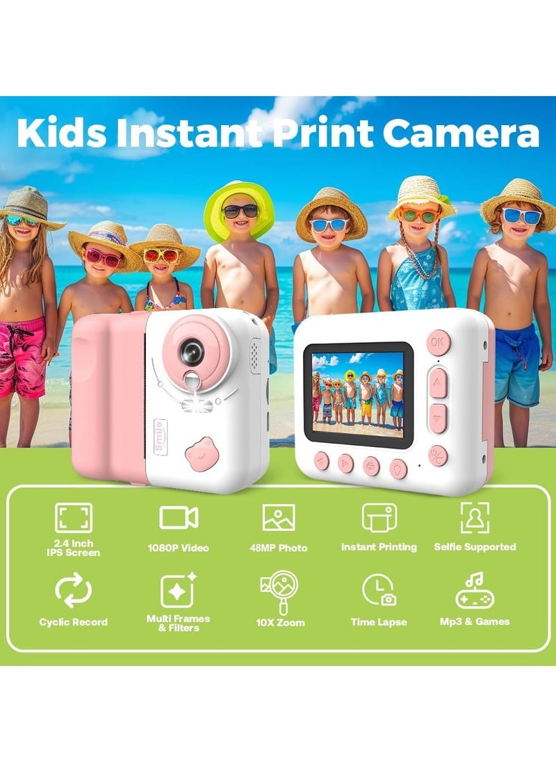 Kids Instant Print Camera Kids Camera 1080P Digital Camera for Kids 2.4 Inch IPS Screen 10X Zoom Built-in Battery with Thermal Printing Paper Color Pens Neck Strap 32GB TF Card Birthday Festival Gift