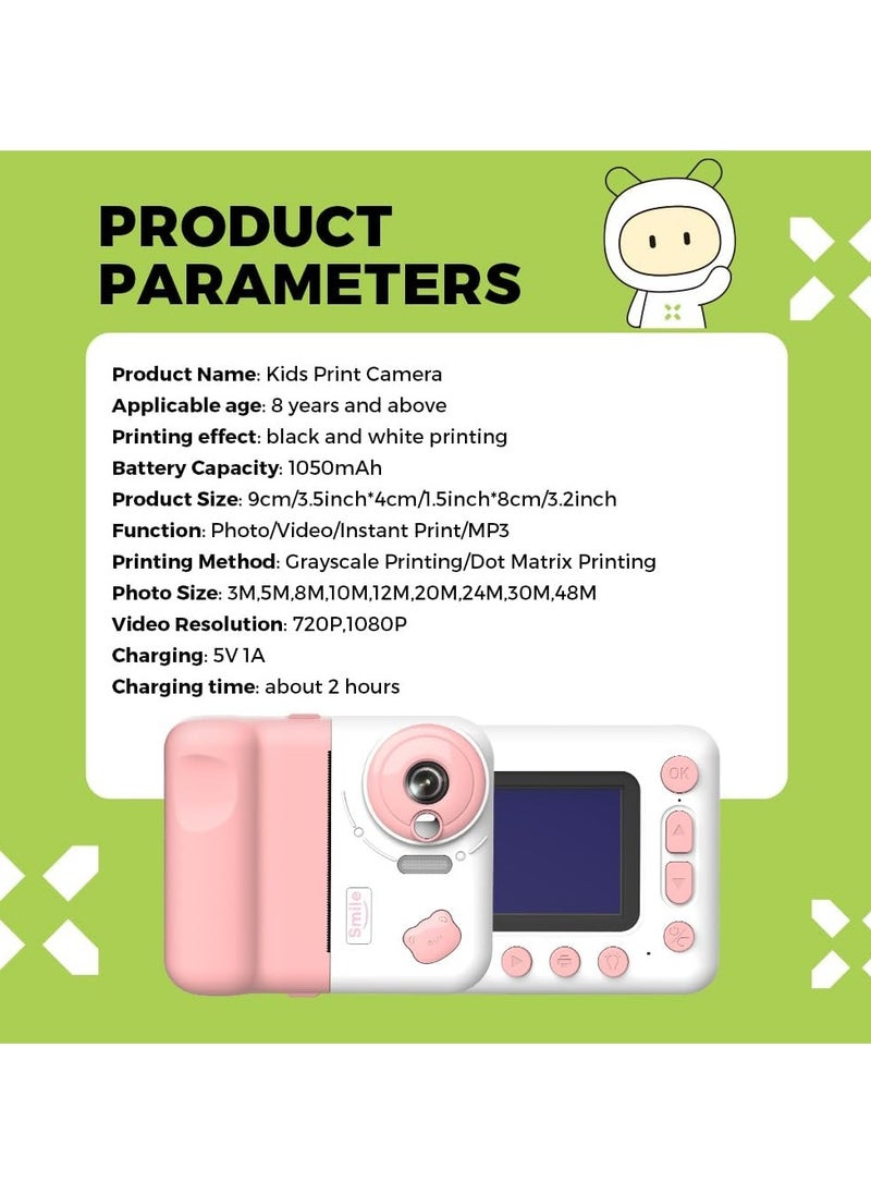 Kids Instant Print Camera Kids Camera 1080P Digital Camera for Kids 2.4 Inch IPS Screen 10X Zoom Built-in Battery with Thermal Printing Paper Color Pens Neck Strap 32GB TF Card Birthday Festival Gift