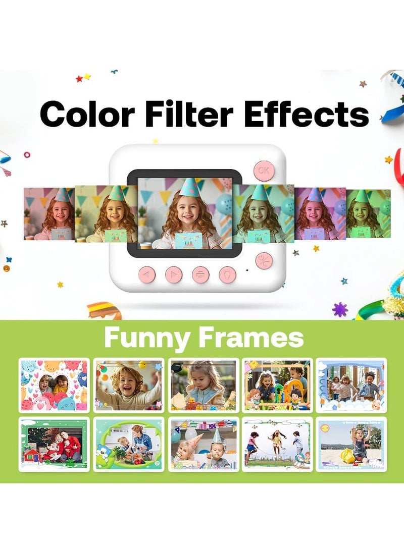 Kids Instant Print Camera Kids Camera 1080P Digital Camera for Kids 2.4 Inch IPS Screen 10X Zoom Built-in Battery with Thermal Printing Paper Color Pens Neck Strap 32GB TF Card Birthday Festival Gift