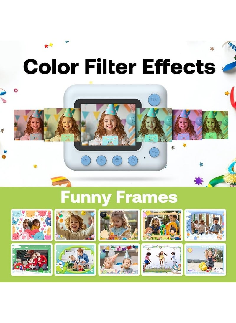 Kids Instant Print Camera Kids Camera 1080P Digital Camera for Kids 2.4 Inch IPS Screen 10X Zoom Built-in Battery with Thermal Printing Paper Color Pens Neck Strap 32GB TF Card Birthday Festival Gift