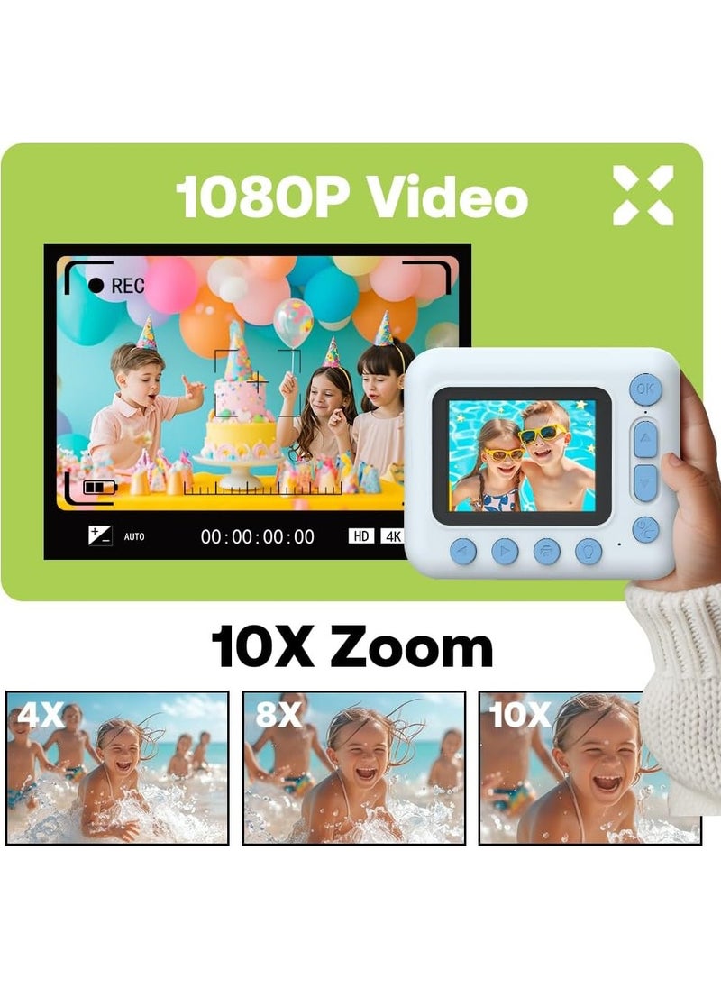 Kids Instant Print Camera Kids Camera 1080P Digital Camera for Kids 2.4 Inch IPS Screen 10X Zoom Built-in Battery with Thermal Printing Paper Color Pens Neck Strap 32GB TF Card Birthday Festival Gift