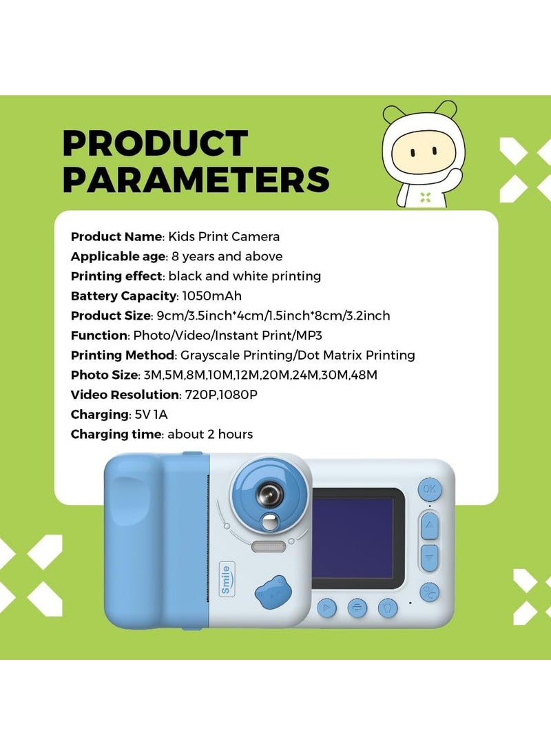 Kids Instant Print Camera Kids Camera 1080P Digital Camera for Kids 2.4 Inch IPS Screen 10X Zoom Built-in Battery with Thermal Printing Paper Color Pens Neck Strap 32GB TF Card Birthday Festival Gift