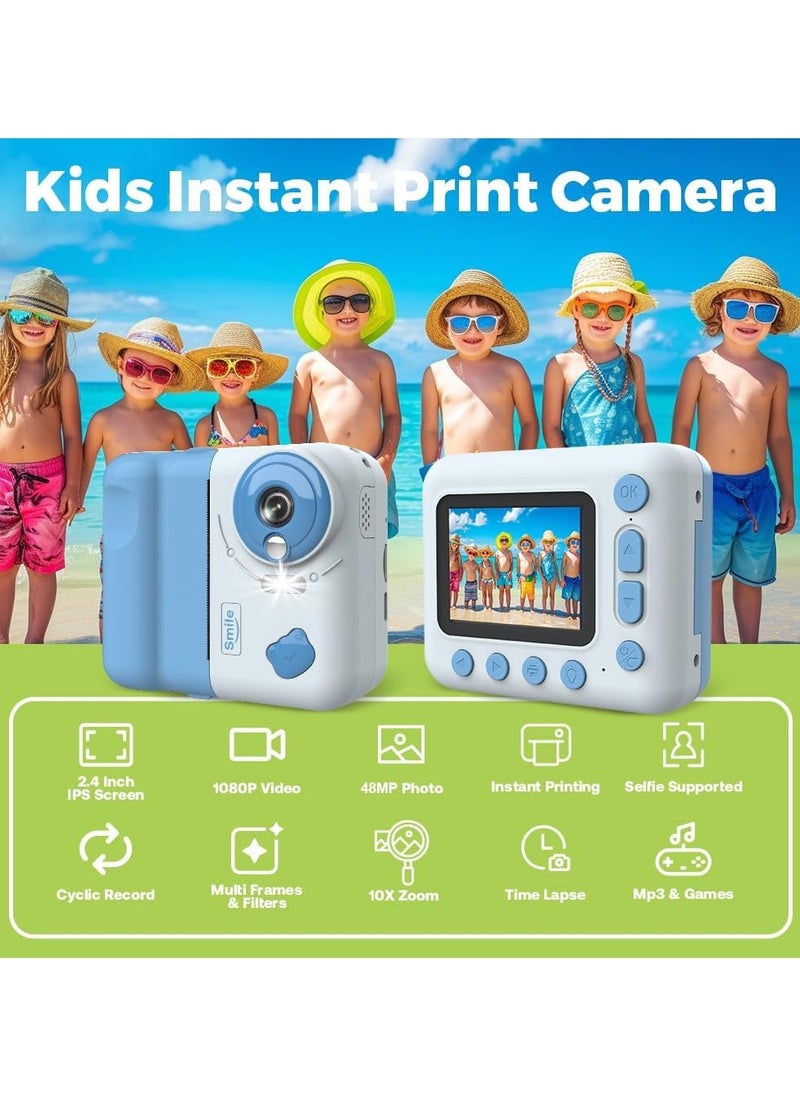 Kids Instant Print Camera Kids Camera 1080P Digital Camera for Kids 2.4 Inch IPS Screen 10X Zoom Built-in Battery with Thermal Printing Paper Color Pens Neck Strap 32GB TF Card Birthday Festival Gift