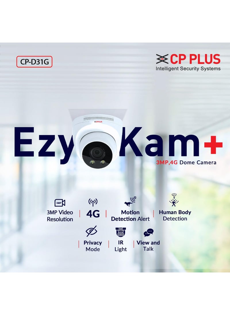 CP PLUS 3MP 4G Dome Camera with 1296P Resolution Video, 4G Sim Card Support, 2-Way Talk, Human Body Detection, Advanced Night Vision & Privacy Mode - CP-D31G