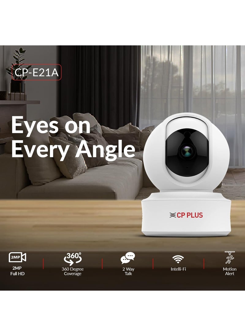 CP PLUS 2MP Full HD Smart Wi-fi CCTV Home Security Camera | 360° with Pan Tilt | 2Way Talk | Cloud Monitor | Motion Detect | Night Vision | Supports SD Card (Upto 128 GB), Alexa & Ok Google | CP-E21A