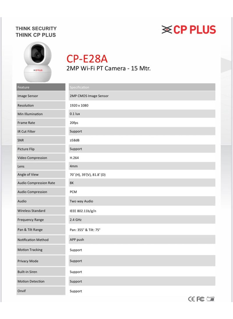 CP PLUS 2MP Full HD Wi-fi CCTV Camera | 360°View PT Camera | Motion Tracking | Cloud Monitoring | 2-Way Talk, Night Vision| Support SD Card (Up to 256 GB) | Privacy Mode - CP-E28A