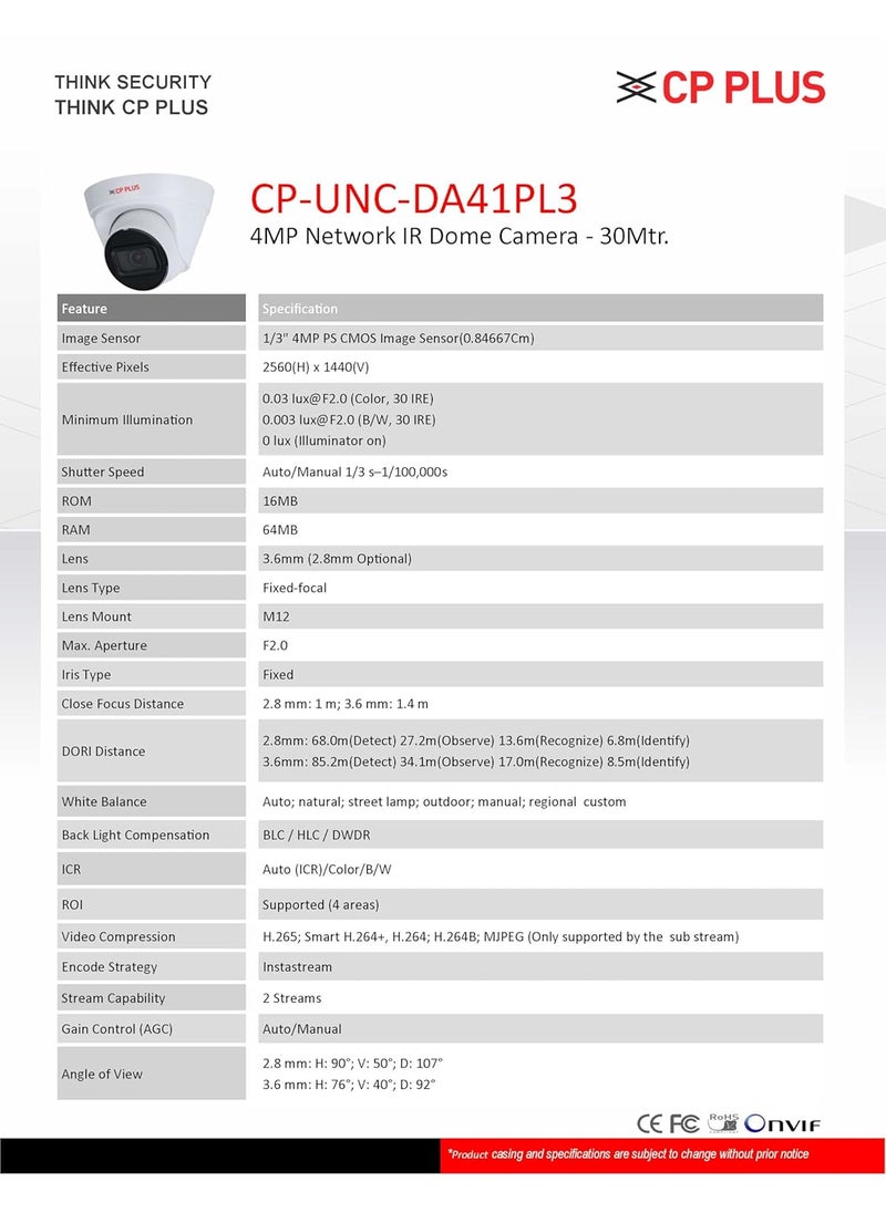 CP PLUS CP-UNC-DS41PL3 4 MP Full HD IR Dome Camera - 30Mtr