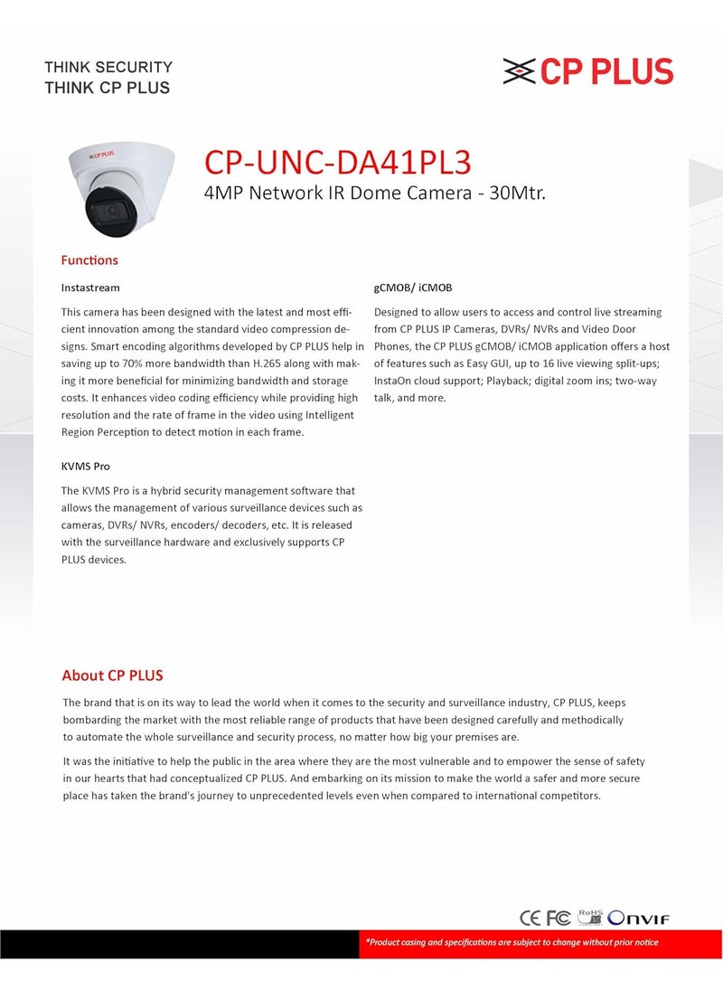 CP PLUS CP-UNC-DS41PL3 4 MP Full HD IR Dome Camera - 30Mtr