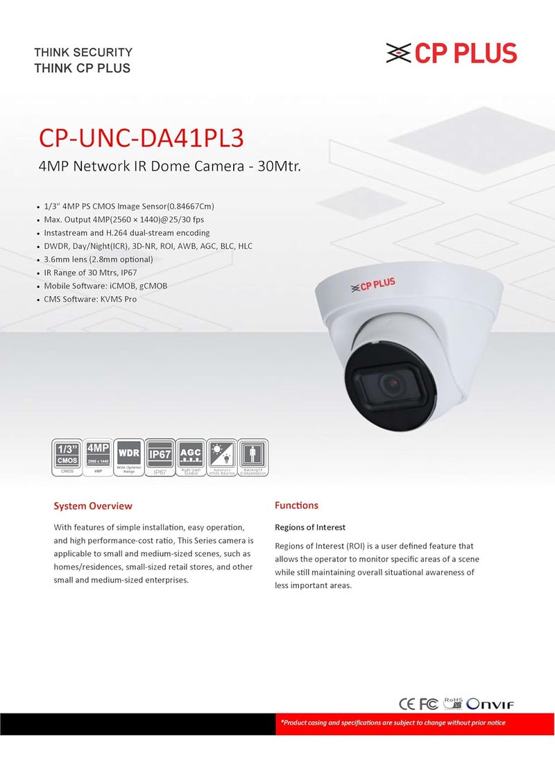 CP PLUS CP-UNC-DS41PL3 4 MP Full HD IR Dome Camera - 30Mtr
