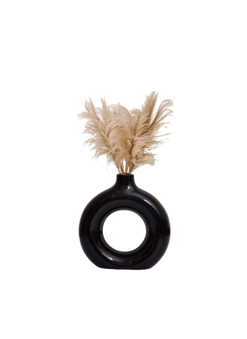 The Decor Lane Artisan Crafted Ceramic Donut Shaped Vase for Pampas Grass | for Unique Home Décor | Ceramic Donut Vase, Flower Vase Pampas Grass Vase (Black Glossy, 6 Inches)