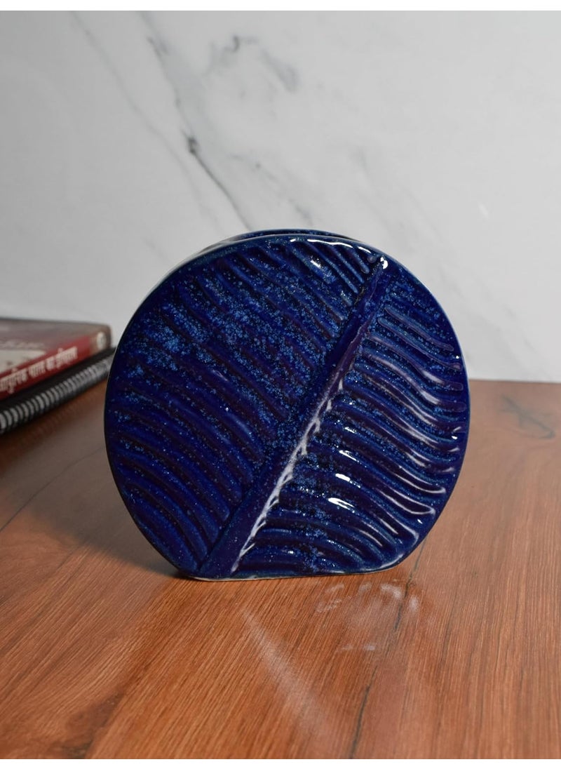 The Decor Lane Ceramic Handcrafted Leaf Shaped Flower vase Vase for Living Room, Bedroom, Dining Table, Home Decoration - 11.5 cm (Blue)