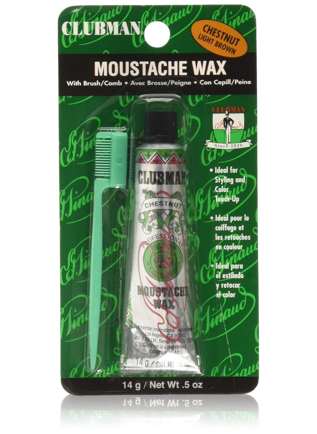 Clubman Pinaud Moustache Wax with Comb Applicator For Styling  Color Enhancement Chestnut 05 Oz