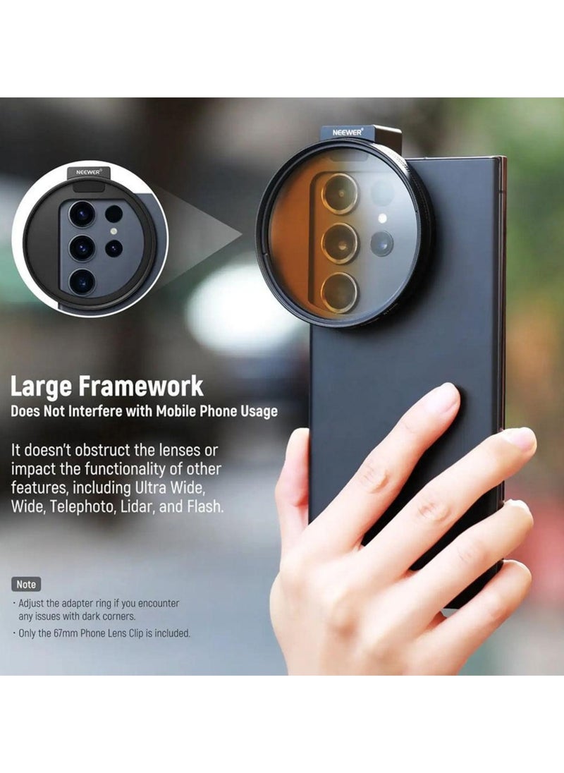 67mm Mobile Phone Filter Holder with Top Cold Shoe Mount – Compatible with iPhone 15/14/13/12, No Light Leakage, Supports 67mm Threaded Filters, Large Framework for Unobstructed Camera Use