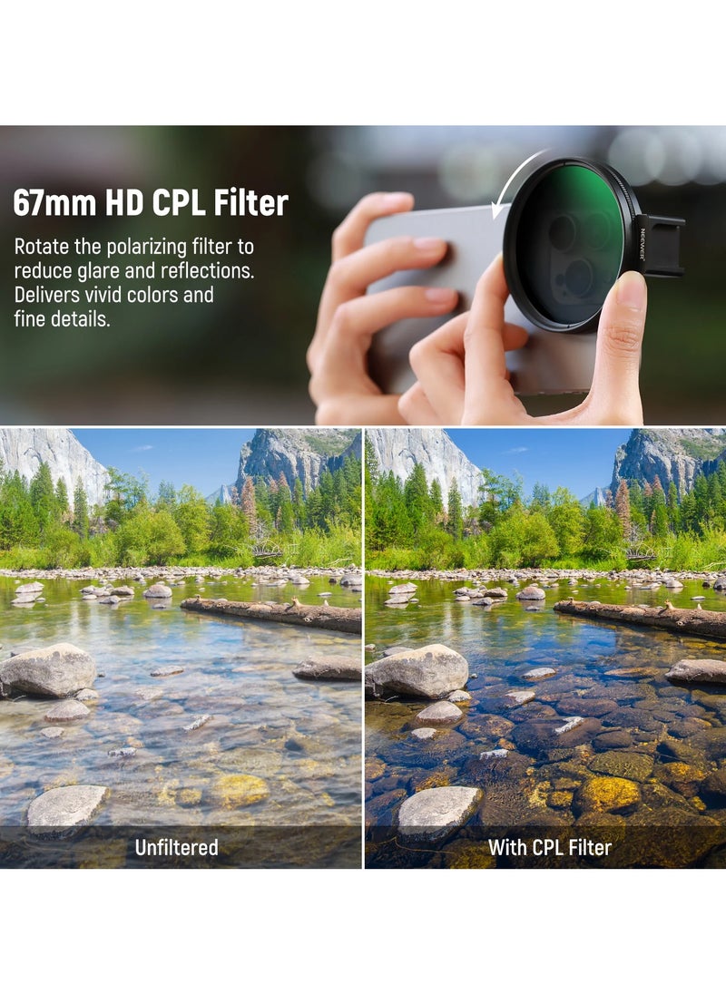 NEEWER 67mm Adjustable Phone CPL Filter with Cold Shoe Clip, Multi-Coated HD Optical Glass, Metal Frame, Compatible with iPhone, Samsung, Huawei, Mobile Camera Lens Filter Kit