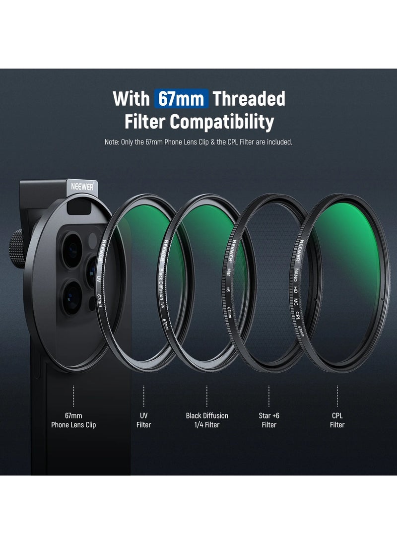NEEWER 67mm Adjustable Phone CPL Filter with Cold Shoe Clip, Multi-Coated HD Optical Glass, Metal Frame, Compatible with iPhone, Samsung, Huawei, Mobile Camera Lens Filter Kit