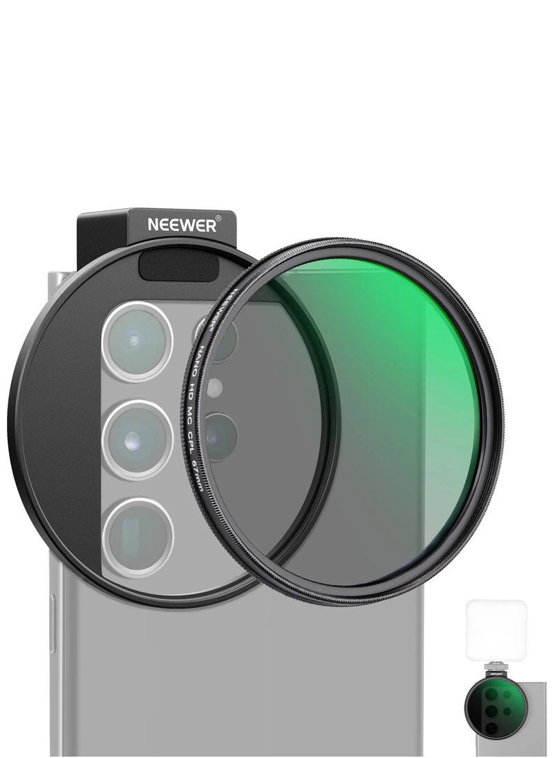 NEEWER 67mm Adjustable Phone CPL Filter with Cold Shoe Clip, Multi-Coated HD Optical Glass, Metal Frame, Compatible with iPhone, Samsung, Huawei, Mobile Camera Lens Filter Kit