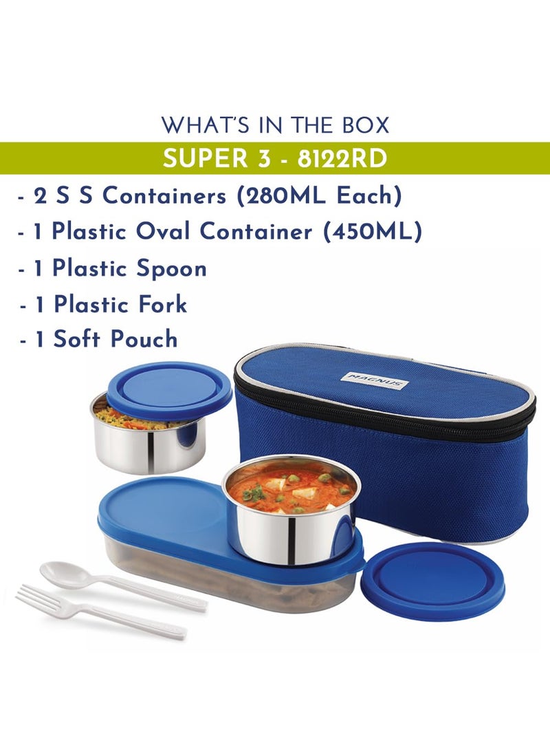 Magnus Super 3 Lunch Box Set | Stainless Steel Lunch Box for Kids | Leak-Proof Lunch Boxes for Office Men & Women | Compact, Air-Tight Design | 1010 ml, Blue
