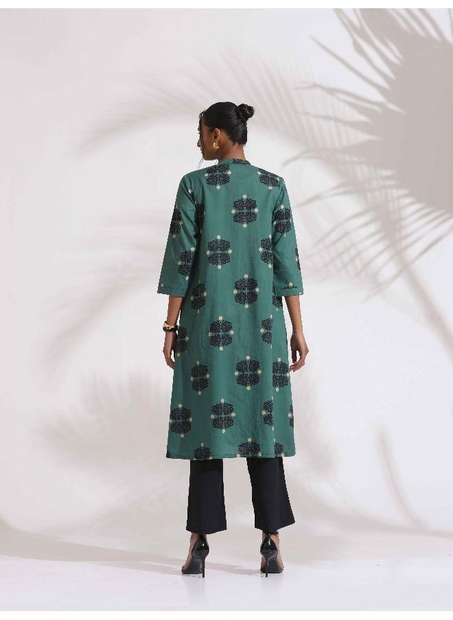 trueBrowns Green Cotton Print Front Slit Kurta Set