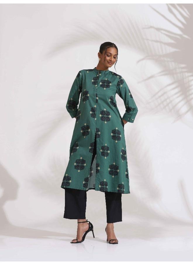 trueBrowns Green Cotton Print Front Slit Kurta Set