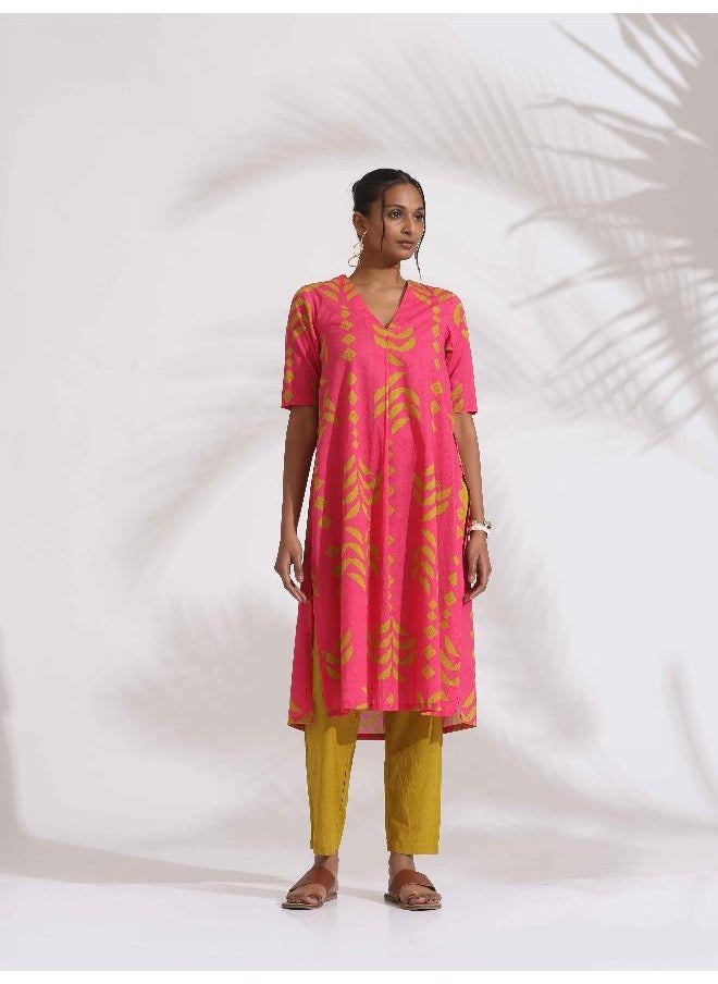 trueBrowns Pink Cotton Print A-line Kurta Set