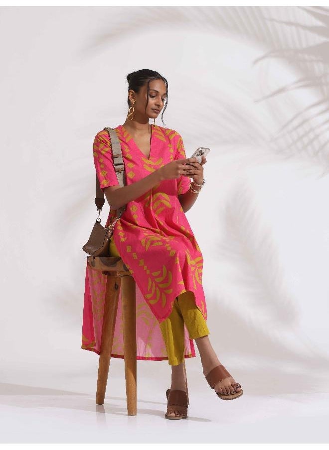 trueBrowns Pink Cotton Print A-line Kurta Set